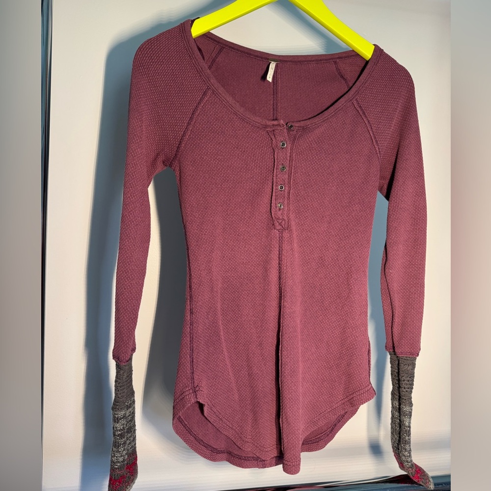Free People Plum Henley with Knitted Sleeves